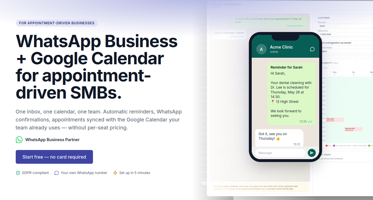 Zellbox — WhatsApp Business + Google Calendar CRM for appointment-driven SMBs